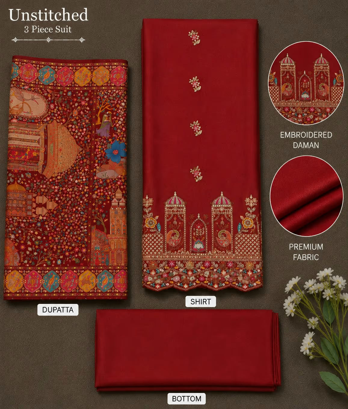 Women’s Embroidered Unstitched 3 Piece Suit with Printed Dupatta