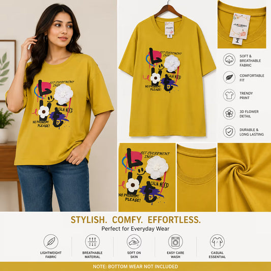 Women’s Graphic Printed T-Shirt with 3D Flower Detail