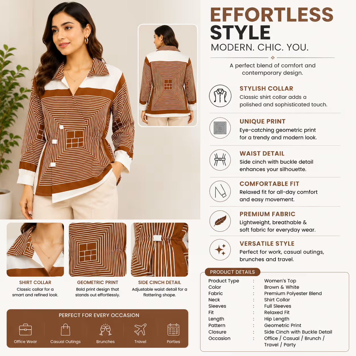 Women’s Brown & White Geometric Printed Collared Top