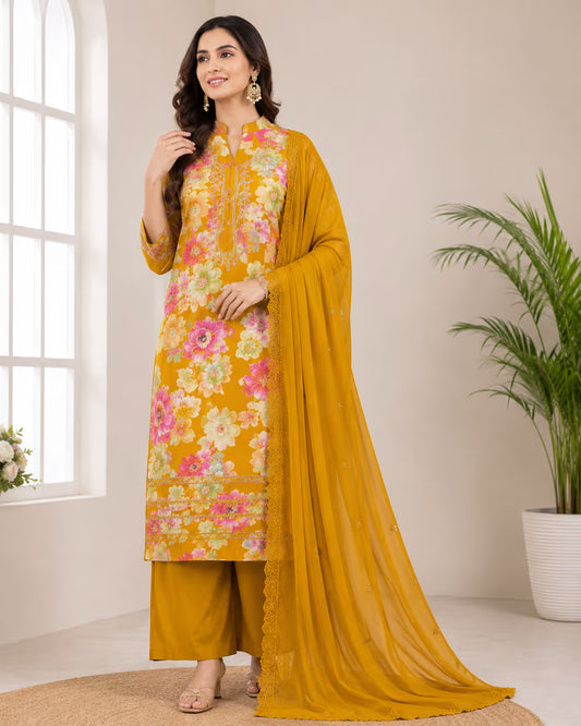Meera Floral Printed Rayon Suit Set with Embroidered Neckline & Dupatta