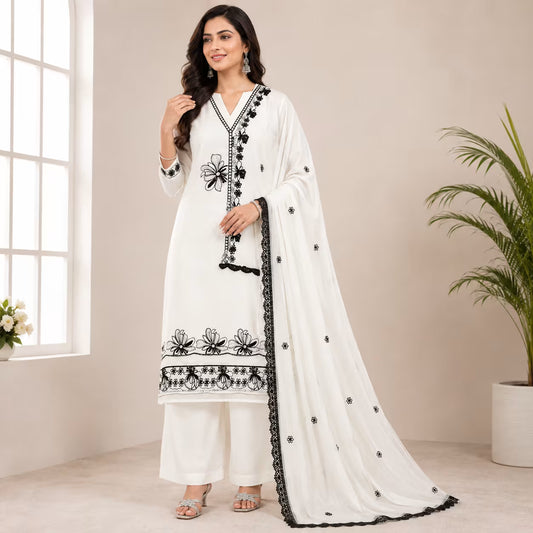 White Floral Embroidered Salwar Suit Set with Black Work & Dupatta