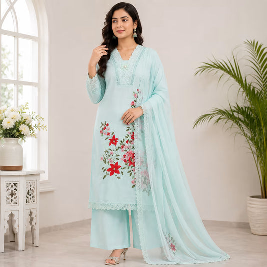 Mint Aqua Floral Embroidered Suit Set with Lace Dupatta | 3-Piece Women’s Ethnic Wear