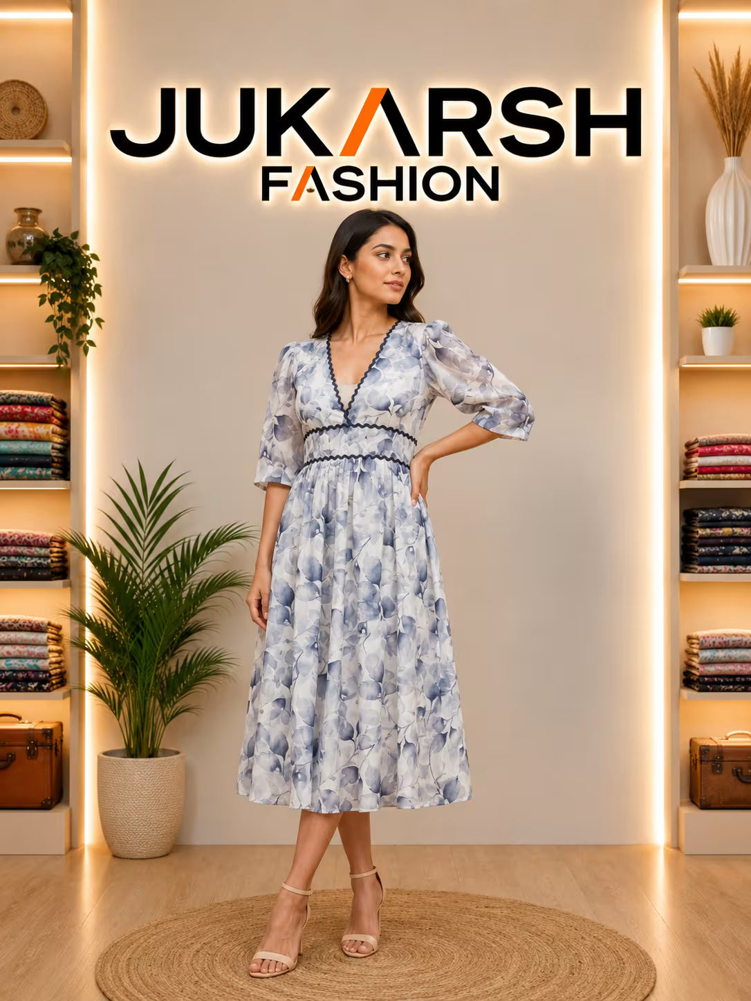 Jukarsh Fashion Women’s Floral Printed Midi Dress with Puff Sleeves