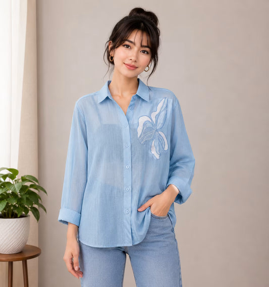 Women’s Embroidered Sheer Shirt | Floral Appliqué Button-Down Top