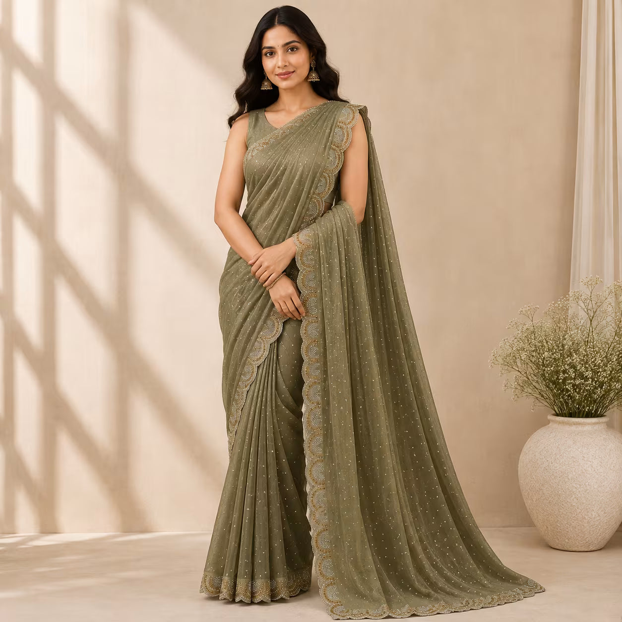 Shimmer Embellished Saree with Scalloped Border
