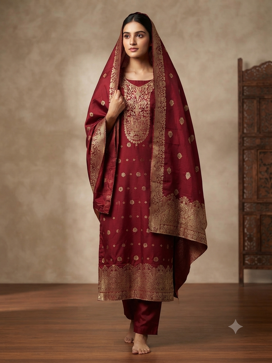 Festive Elegance Banarasi Silk Suit Set with Zari Embroidery & Matching Dupatta