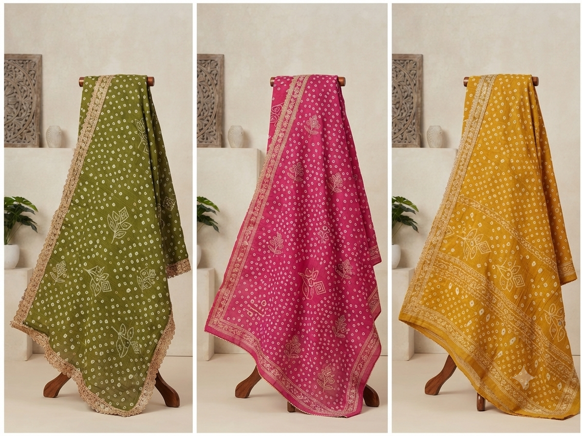 Traditional Bandhani Print Chanderi-Style Suit Set with Scalloped Dupatta