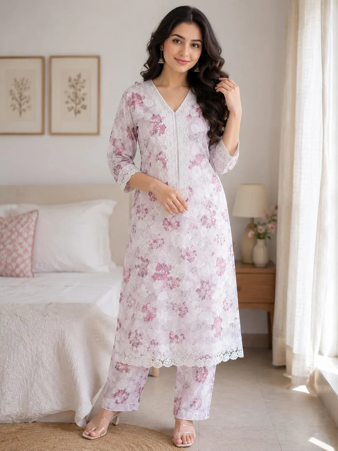A woman modeling a light pink and white floral printed kurta set with matching pants in a bright bedroom setting.