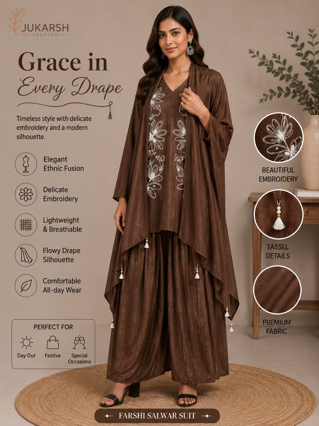 A woman modeling a brown ethnic salwar suit set with embroidered details, shown against a beige studio background with promotional text and fabric detail circles. The set includes a long kurta and matching trousers.