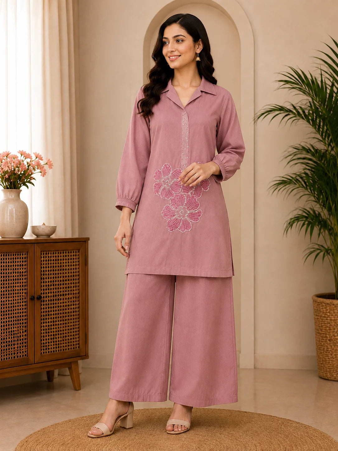 Elegant Blush Pink Embroidered Co-Ord Set for Women | Premium Casual & Festive Wear