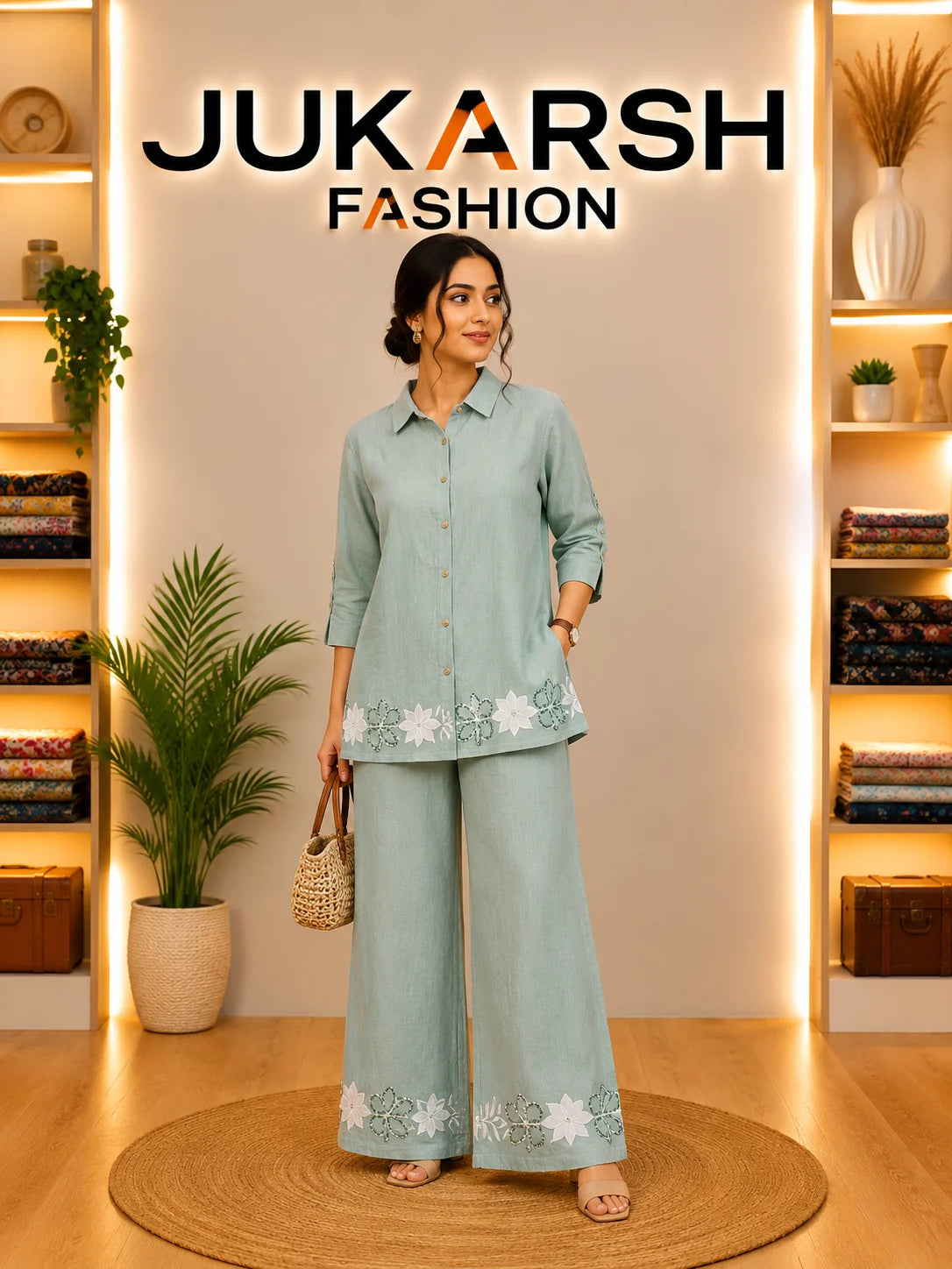 Women's Taupe Floral Embroidered Shirt & Wide-Leg Trouser Co-Ord Set