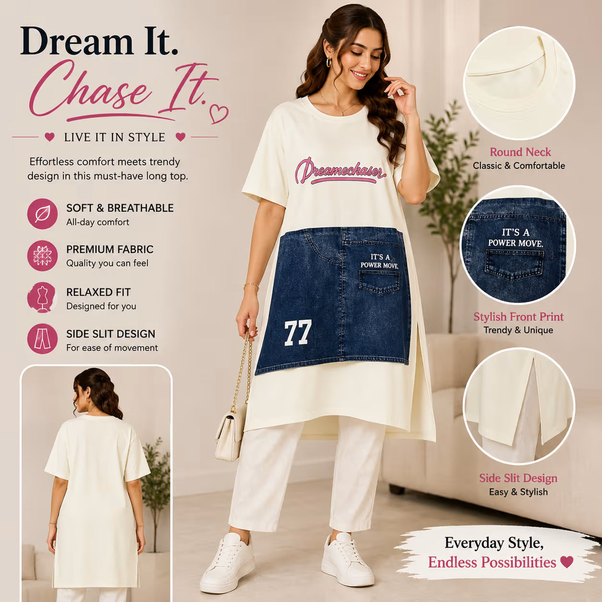 A woman models a long white tunic top with a large blue denim skirt panel and printed text, shown in a styled indoor setting with product feature callouts and inset views.