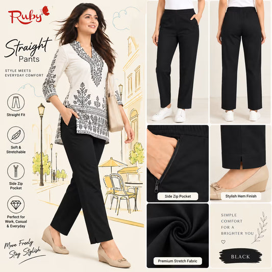 A promotional collage for black straight-leg pants. The left side shows a woman modeling the pants with a white embroidered top, with text reading 'Ruby Straight Pants' and feature icons.