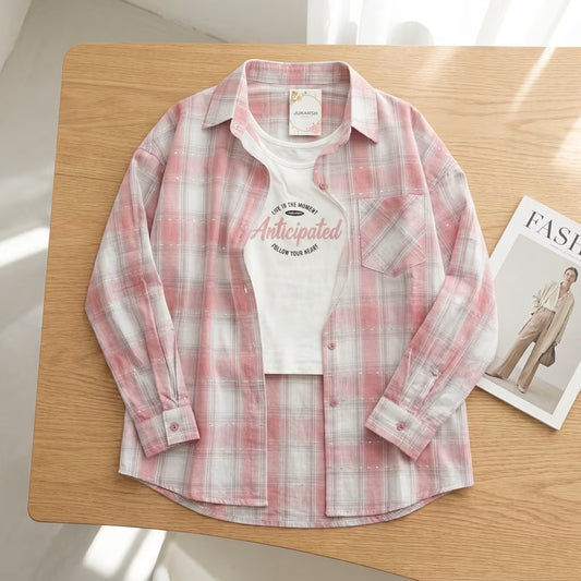 Women's Pink Checked Overshirt with Printed Inner Top Co-Ord Set