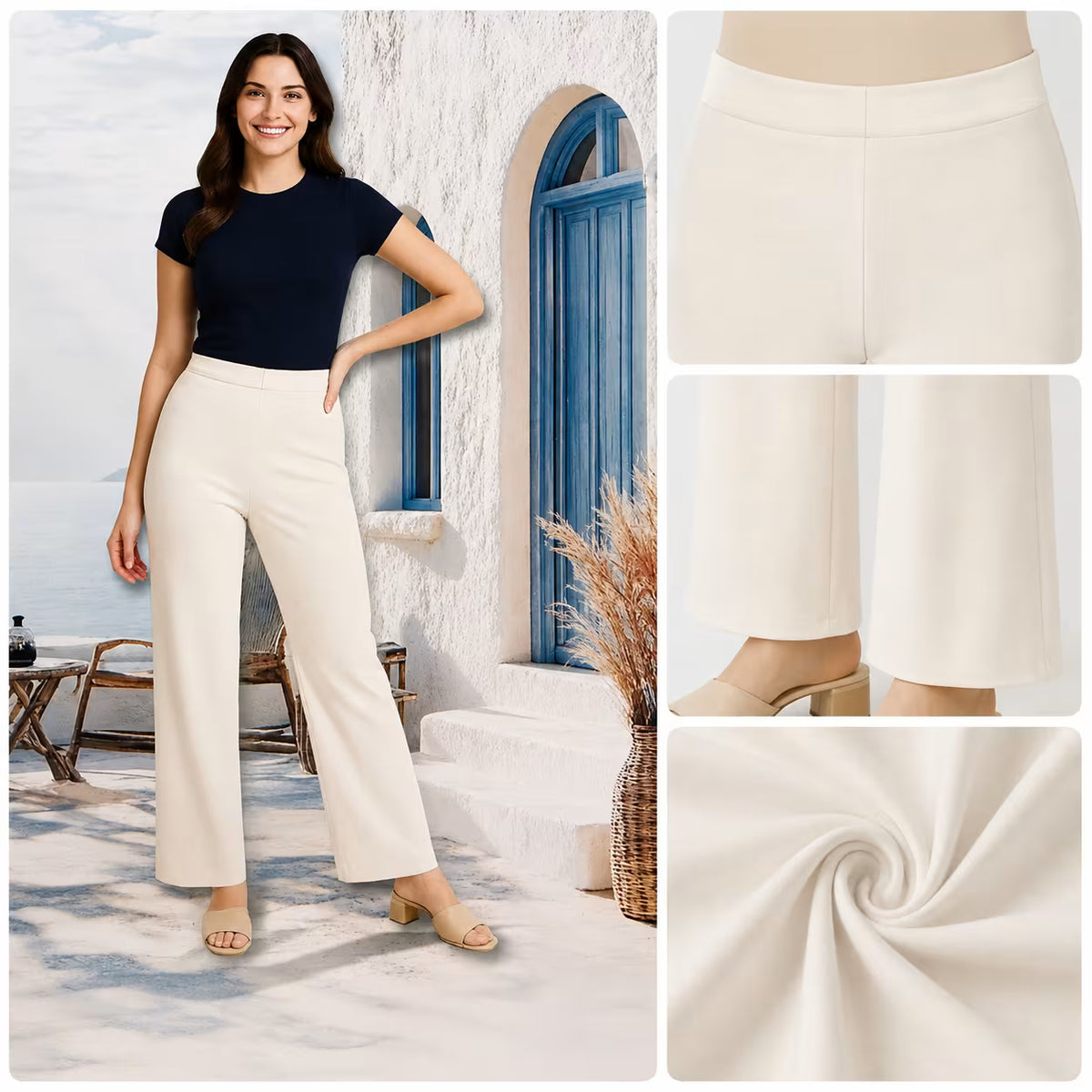 A woman modeling high-waisted off-white wide-leg pants in an outdoor Santorini-style setting, with three inset detail panels on the right showing the waistband, lower legs, and fabric texture.