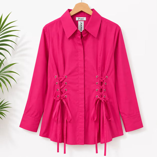 Women's Purple Corset Waist Shirt Dress | Long Sleeve Designer Top