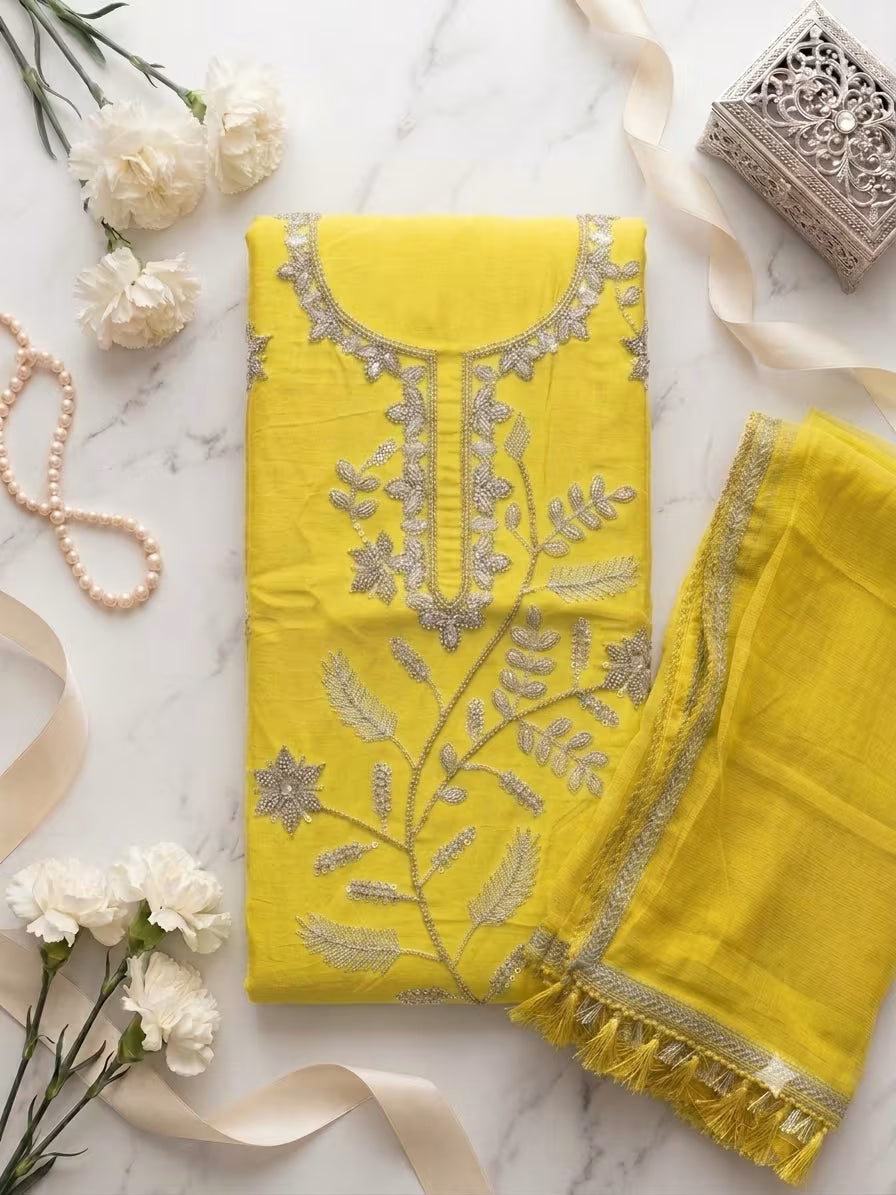 Lakhoji All Over Hand Work Unstitched Suit with Naznin Dupatta