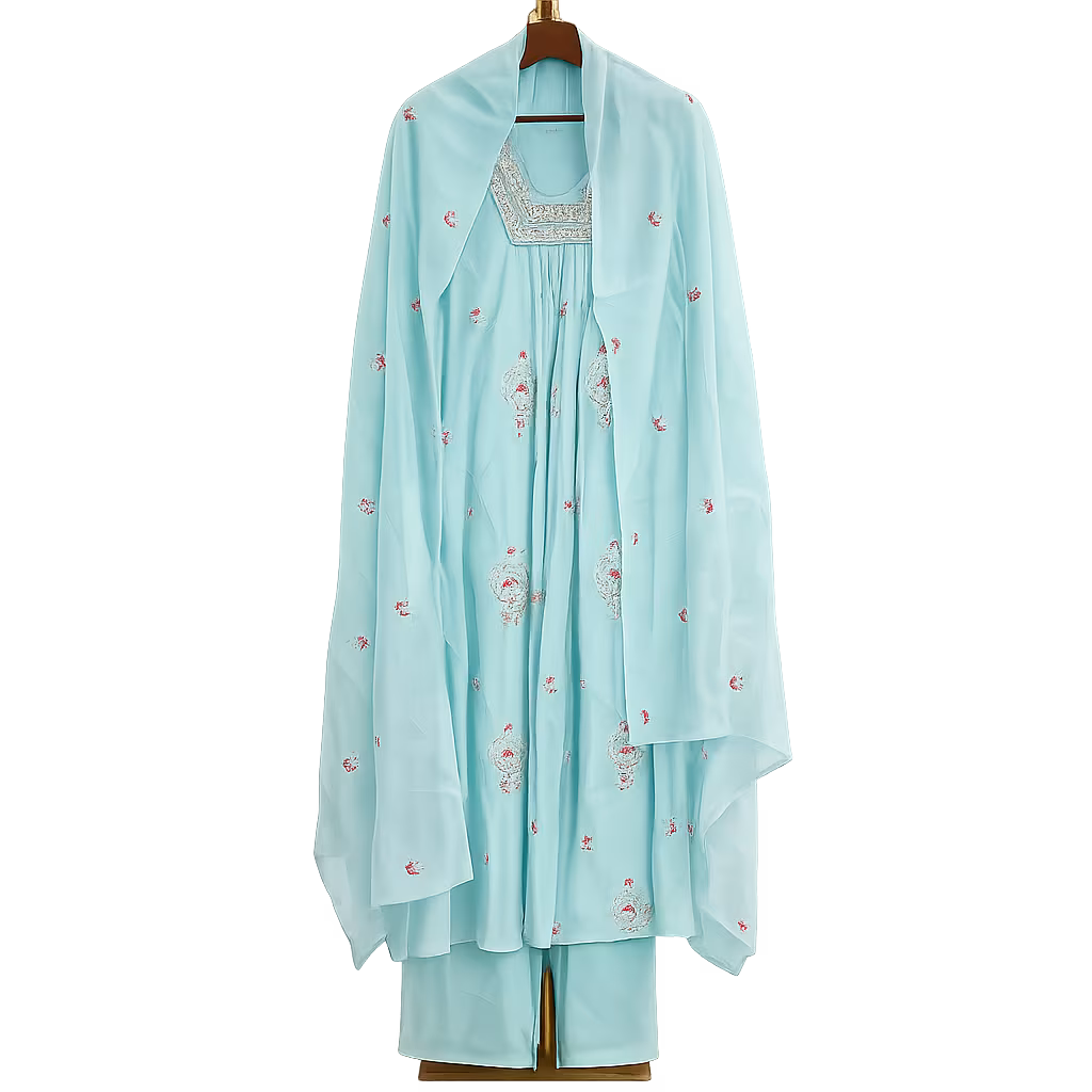 A light blue traditional outfit displayed on a hanger against a plain white background. The set includes a long outer layer with small red floral embroidery, a matching inner dress with a silver embroidered neckline, and matching light blue pants.