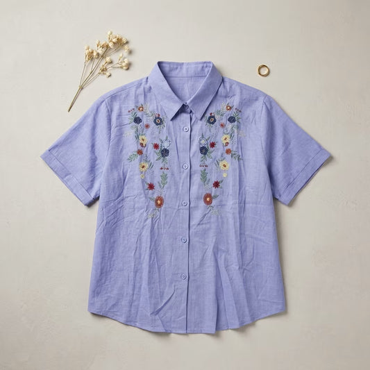 Women's Lavender Floral Embroidered Half Sleeve Shirt