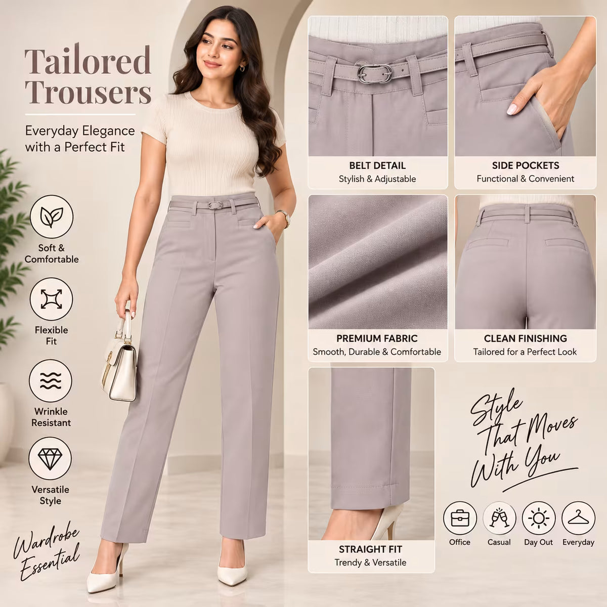 A promotional graphic for tailored trousers featuring a model wearing light gray trousers, alongside six detail callouts highlighting the belt, side pockets, fabric, finish, fit, and styling versatility.