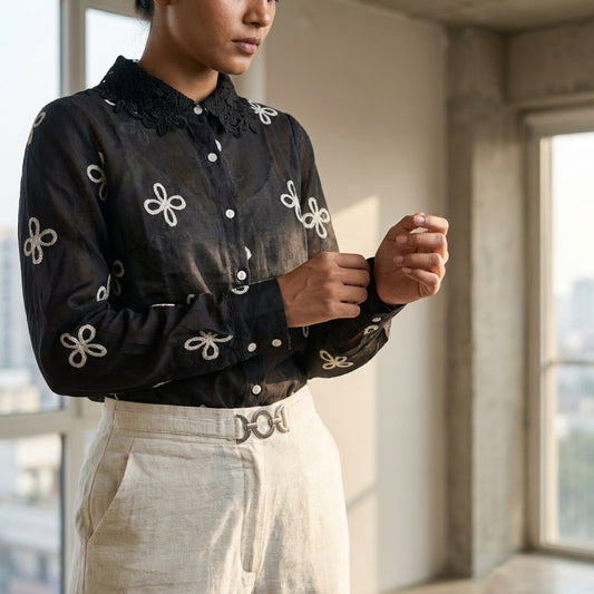 Jukarsh Fashion Women’s Floral Embroidered Shirt with Lace Collar
