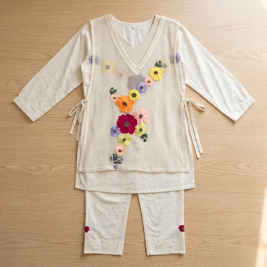 Women's Floral Embroidered 3-Piece Co-Ord Set – Off White