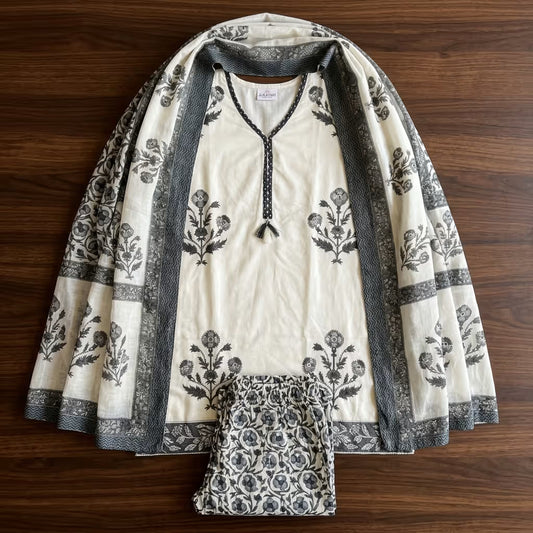 Jukarsh Fashion Women's Ivory Floral Printed Kurta Set with Dupatta | 3 Piece Ethnic Suit Set