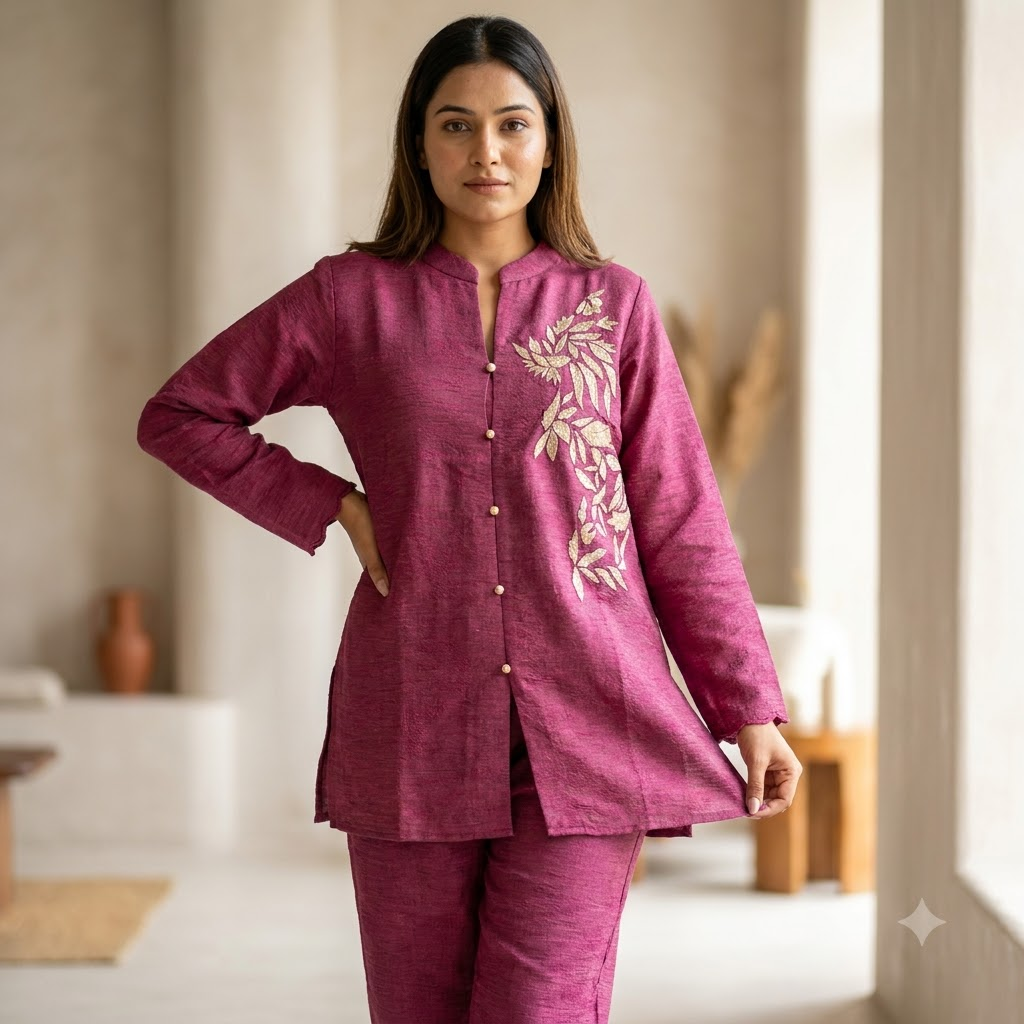 Plum Wine Embroidered Co-ord Set | Mandarin Collar Kurta & Straight Pants