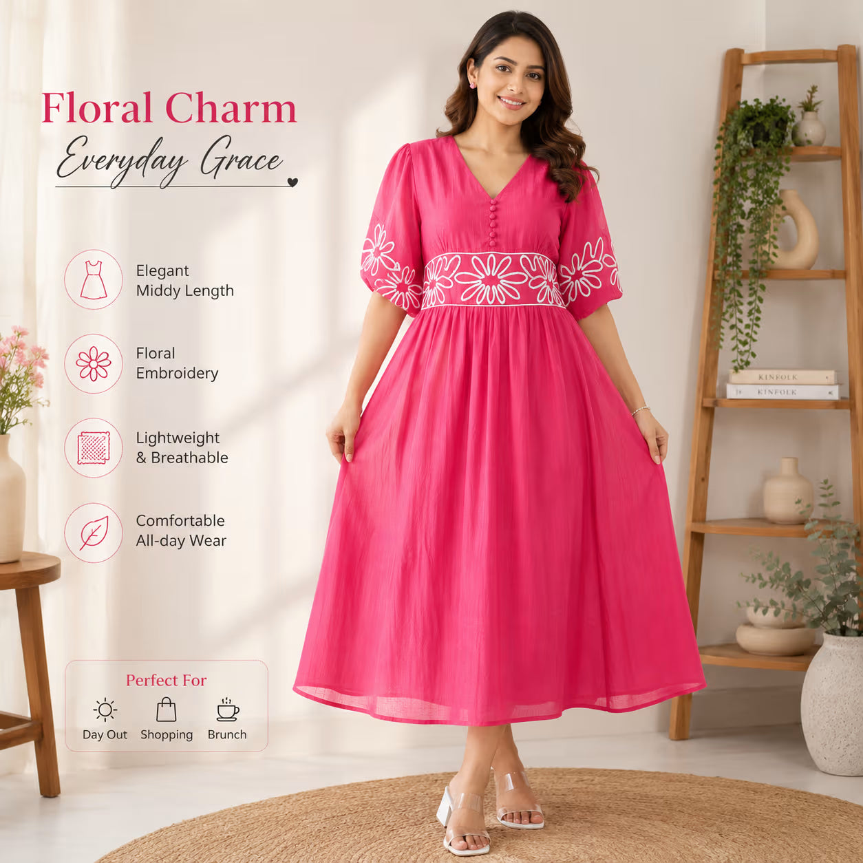Jukarsh Fashion Women's Floral Embroidered Midi Dress