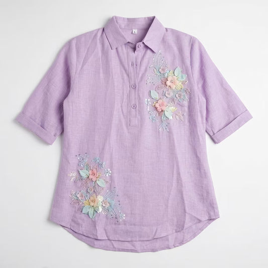 Women's Floral Embroidered Collared Cotton Blend Shirt Top
