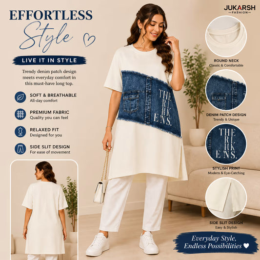 A woman modeling a white tunic top with a large denim patch panel on the front featuring the text 'THE RAKENS'. The image includes marketing text, fabric detail callouts, and a side-view inset on a light beige background.