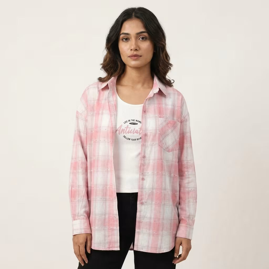Women's Pink Checked Overshirt with Printed Inner Top Co-Ord Set