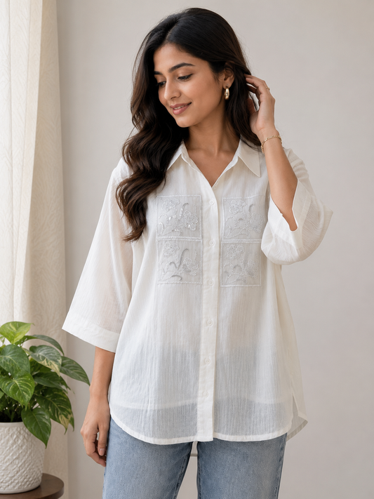 Women’s White Embroidered Button-Down Shirt