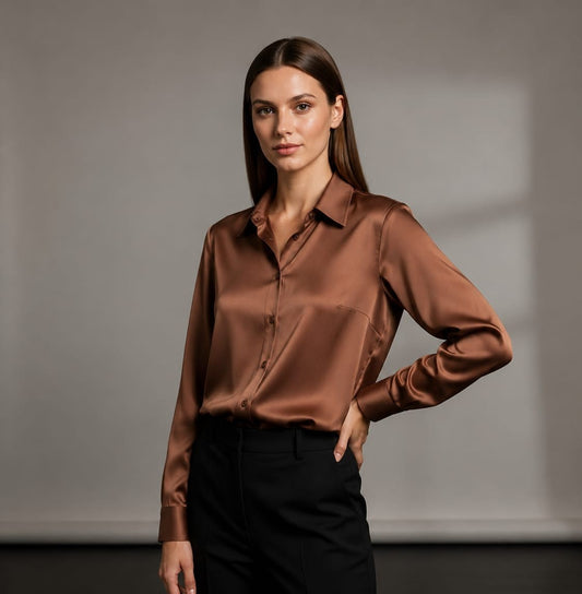 Women's Premium Satin Silk Button-Down Shirt – Long Sleeve