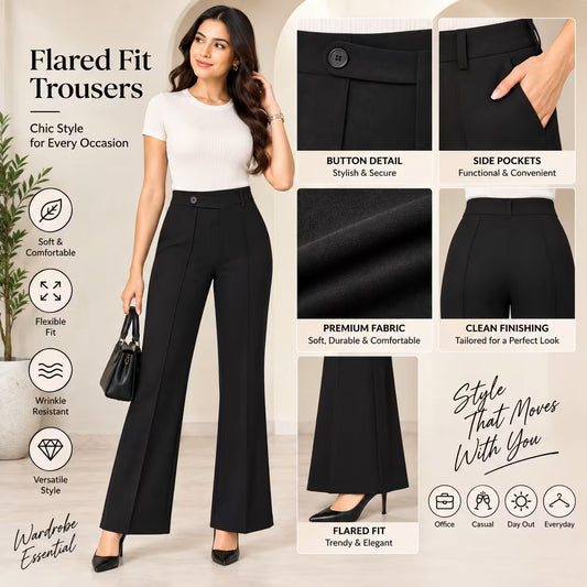 A promotional graphic for women's flared trousers. On the left, a woman models the black trousers with a white top and black heels, holding a handbag.