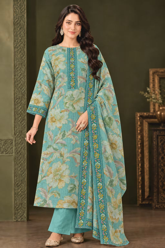 Silk Floral Embroidered Unstitched Suit with Dupatta