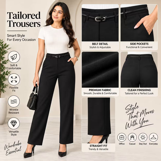 A promotional graphic for tailored trousers showing a woman modeling black wide-leg trousers, with close-up feature callouts on the right detailing the belt, side pockets, fabric, finish, and fit. Text highlights soft comfort, flexible fit, wrinkle resistance, versatile style, and straight fit.