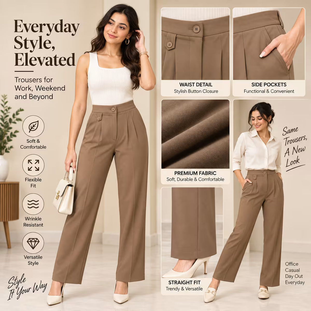 A promotional collage for high-waisted straight-fit trousers. The left side shows a woman modeling the pants in a studio setting, while the right side contains feature callouts and close-up inset images highlighting the waist detail, side pockets, fabric texture, and overall fit.