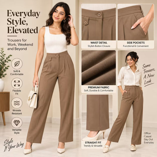 A promotional collage for high-waisted straight-fit trousers. The left side shows a woman modeling the pants in a studio setting, while the right side contains feature callouts and close-up inset images highlighting the waist detail, side pockets, fabric texture, and overall fit.