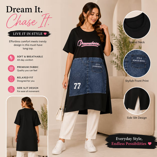 A woman models a black oversized T-shirt dress with a denim front panel and white pants in a styled indoor setting. The image includes marketing text, feature callouts, and circular detail insets showing the round neck, front print, and side slit design.