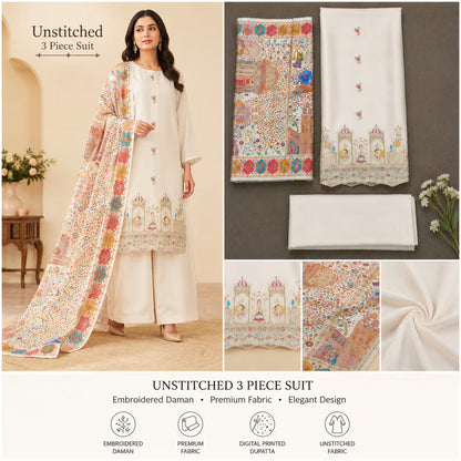 Women’s Embroidered Unstitched 3 Piece Suit with Printed Dupatta