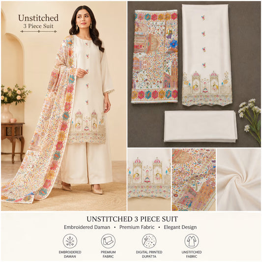 Women’s Embroidered Unstitched 3 Piece Suit with Printed Dupatta