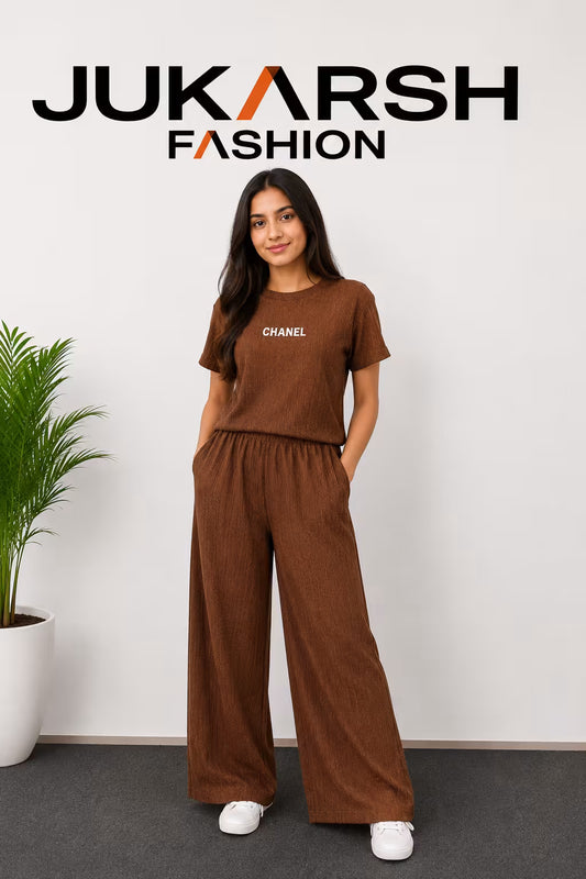 Women's Ribbed Co-Ord Set | Half Sleeve Top & Wide Leg Pants