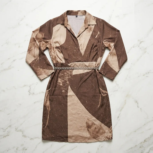 Women's Brown Abstract Print Belted Midi Dress with Collar