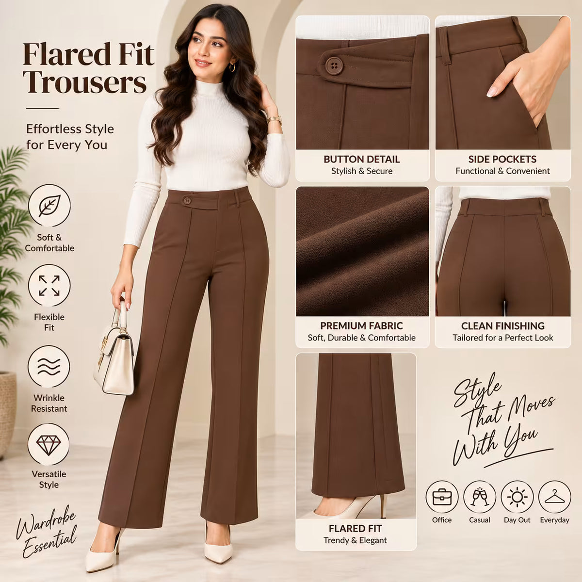 Brown flared fit trousers modeled by a woman, shown alongside close-up feature panels highlighting button detail, side pockets, fabric quality, and fit. The image includes marketing text such as 'Flared Fit Trousers' and feature callouts on a clean indoor background.