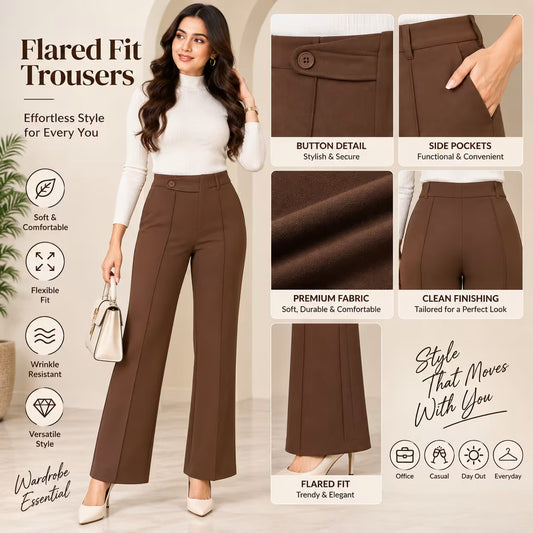 Brown flared fit trousers modeled by a woman, shown alongside close-up feature panels highlighting button detail, side pockets, fabric quality, and fit. The image includes marketing text such as 'Flared Fit Trousers' and feature callouts on a clean indoor background.