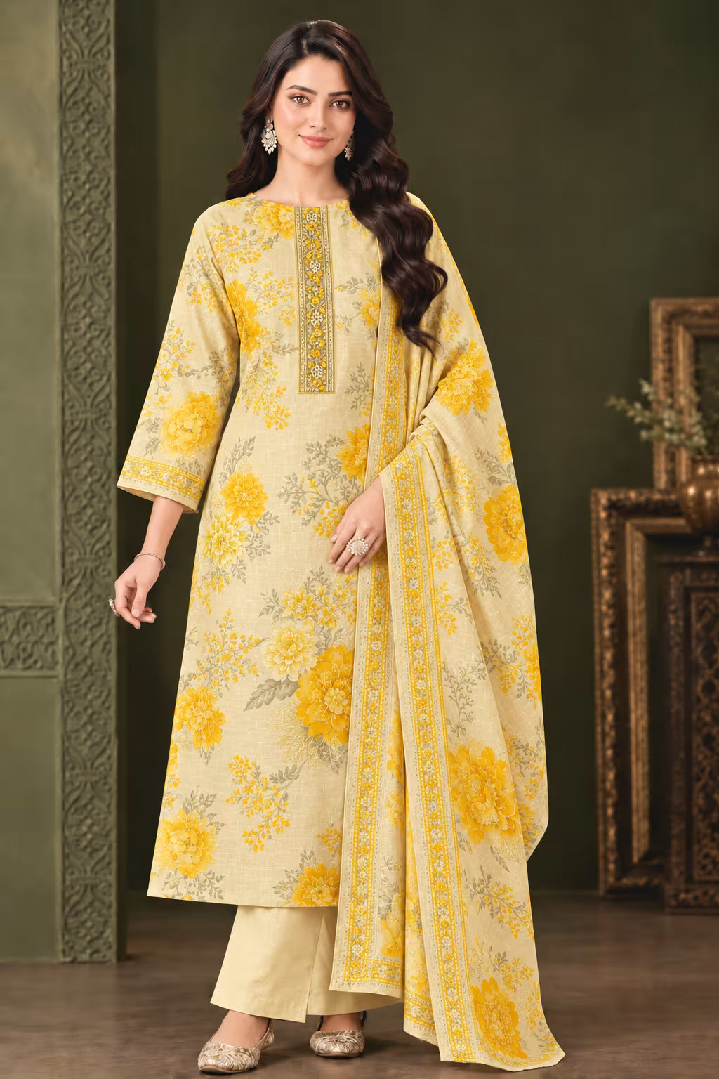 Silk Floral Embroidered Unstitched Suit with Dupatta