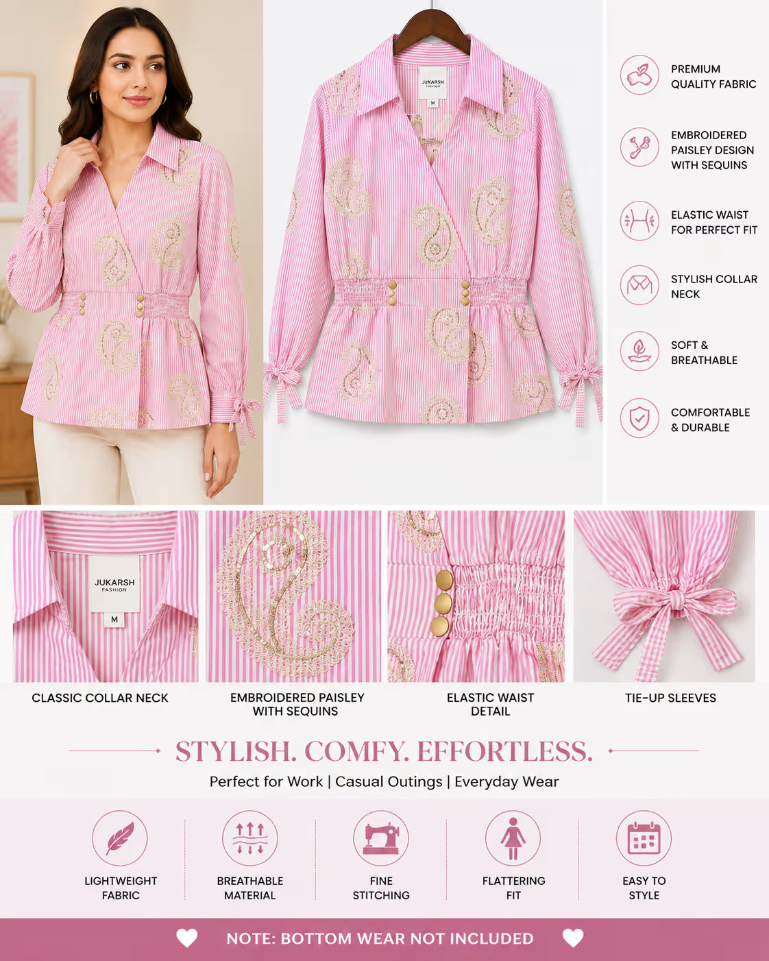 Women’s Striped Embroidered Top with Sequin Paisley Detailing
