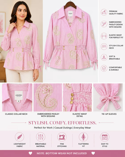 Women’s Striped Embroidered Top with Sequin Paisley Detailing