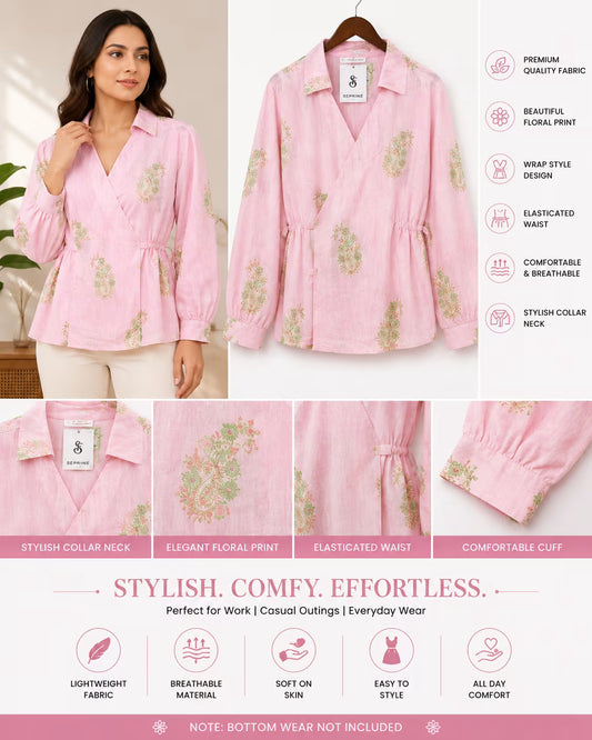 Women’s Pink Embroidered Wrap-Style Top with Full Sleeves